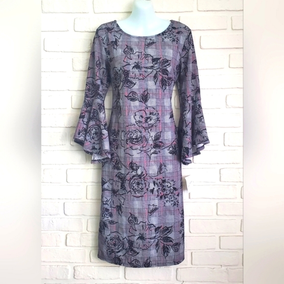 NWT Olivia Matthews Dress Long Bell Sleeves Black Gray Pink Floral Plaid Size S - Picture 3 of 12